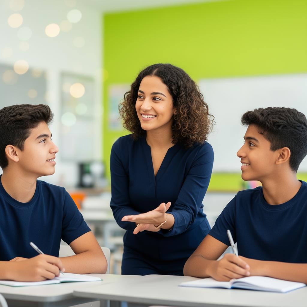Profesora MEI con estudiantes en aula moderna